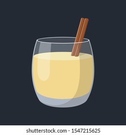 Traditional Christmas drink eggnog in clear glass glass with cinnamon stick on dark blue background