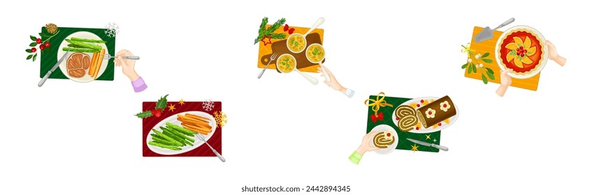 Traditional Christmas Eve Dish and Food with Hand Above Table View Vector Set