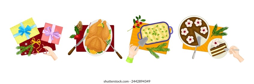 Traditional Christmas Eve Dish and Food with Hand Above Table View Vector Set
