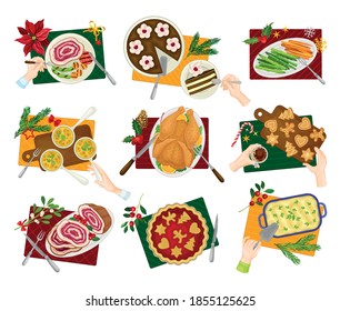 Traditional Christmas Eve Family Dinner Table Above View Vector Set