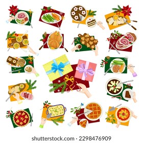 Traditional Christmas Eve Family Dinner Table Above View Big Vector Set