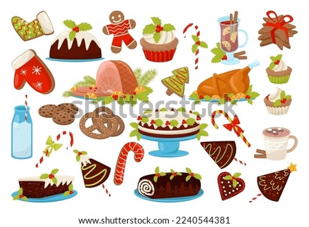 Traditional Christmas Eve Treat with Turkey, Cake, Biscuits, Drink and Candy Cane Vector Set