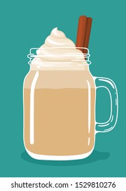 Traditional christmas eve winter drink eggnog with cinnamon stick and whipped cream in glass vintage mason jar. Delicious spicy chilled milk coffee beverage. Vector illustration.