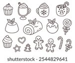 Traditional Christmas food: desserts, drinks, cookies and sweets. Hand drawn doodles, black and white line art. Cute cartoon vector illustration set.