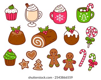 Comida de Natal tradicional: sobremesas, bebidas, biscoitos e doces. Kawaii mão desenhou rabiscos. Conjunto de ilustração de vetor de desenho animado bonito.