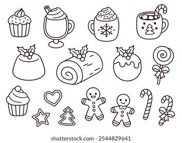 Traditional Christmas food: desserts, drinks, cookies and sweets. Hand drawn doodles, black and white line art. Cute cartoon vector illustration set.