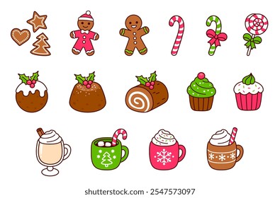 Traditionelle weihnachtliche Küche: Desserts, Getränke, Kekse und Süßigkeiten. Handgezeichnete Kawaii-Doodle-Symbole. Netter Cartoon, Vektorgrafik-Set.