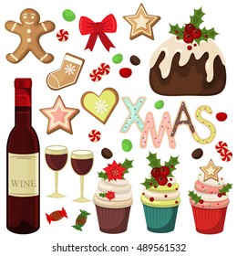 Traditional christmas food and desserts seasonal gingerbread vector. Christmas food winter sweet traditional decoration. Delicious cake festive homemade christmas food holiday dessert xmas symbols.