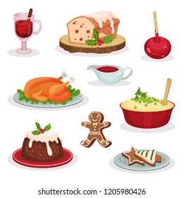 Traditional Christmas food and desserts set, mulled wine, fruitcake, caramel apple, roasted turkey, mashed potato, pudding, gingerbread cookies vector Illustration