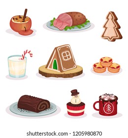 Traditional Christmas food and desserts set, baked stuffed apple, grilled ham, gingerbread cookies, chocolate roll cake, cacao with marshmallow vector Illustration