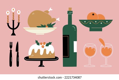 Traditional Christmas food on pink background. Vector illustration