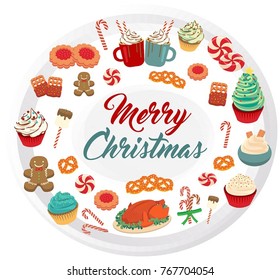 Traditional Christmas foods with "Merry Christmas" text.