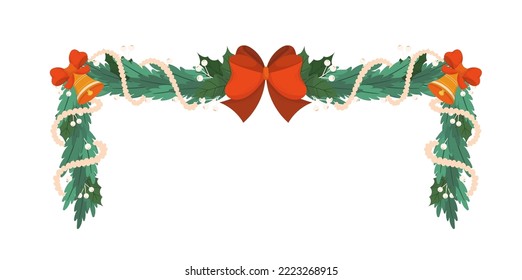 Traditional Christmas Garland with Red Bows, Gold Bells and Tinsel Isolated on White Background. Xmas Decor of Spruce Branches with Holiday Decorative Elements, Noel Eve. Cartoon Vector Illustration