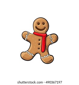 Traditional Christmas gingerbread, cartoon illustration isolated on white background. Xmas ginger man, traditional festive cookie, Christmas decoration element