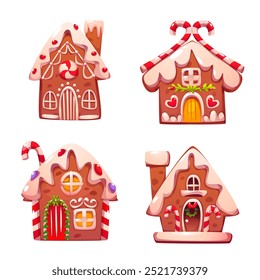 Traditional Christmas gingerbread cookie in form of house decorated with white, red and green icing and caramel. Cartoon vector sweet dessert winter holiday bakery with snow, garland decor.