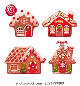 Traditional Christmas gingerbread cookie in form of house decorated with white, red and green icing and caramel. Cartoon vector sweet dessert winter holiday bakery with snow, garland and tree decor.