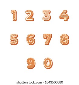 Traditional Christmas gingerbread cookies in the shape of numbers. Set of digits 1, 2, 3, 4, 5, 6, 7, 8, 9, 0. Vector stock flat illustration isolated on a white background