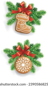 traditional Christmas gingerbread decorated by snowflakes, red ribbon  