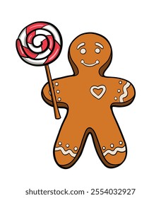 Traditional Christmas gingerbread man and red and white lollipop candy. Hand drawn vector illustration on white background. Sweet sucker candy on stick.