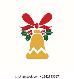 Traditional Christmas gold bell with red  bow and winterberries with leaves. Can be used for greeting card, banner, web, decoration, sticker. 
