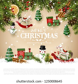 Traditional Christmas greeting card with wooden toys decorations