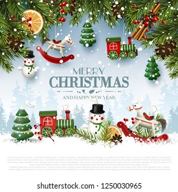 Traditional Christmas greeting card with wooden toys decorations