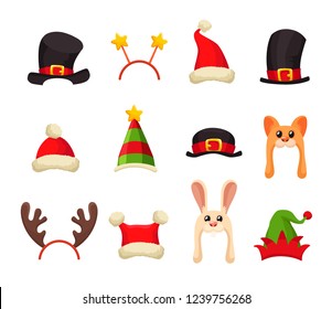 Traditional Christmas Hats or Caps and Head Accessories Decorated With Fur, Indeer Horns and Stars. Celebratory New Year Headdresses in Red, White and Green Colors. Cartoon Style Vector Illustration