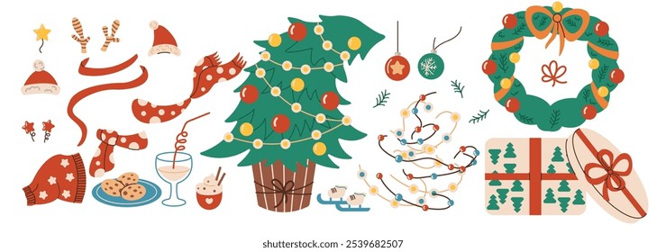 Traditional Christmas holiday attributes and accessories flat color vector objects set. New year ornaments illustrations bundle on white