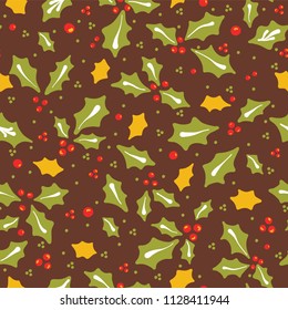 Traditional Christmas Holly Leaves, Hand  Drawn in Brown, Green & Red Berries Seamless Vector Pattern, Festive Illustration for Winter Fashion, Stationery, Xmas Decor, Gift Wrap & Seasonal Backgrounds