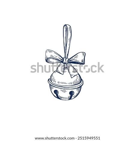 Traditional Christmas Jingle bells with ribbon, bow hand drawn Isolated vector illustration. Bells for holiday poster, birthday or party sketch for greeting, wedding, invitation. Engraving style.