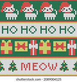 Traditional Christmas knitted ornamental pattern. New Year background with festive cats, gifts, and text