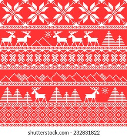 Traditional christmas knitted ornamental pattern with deer. Vector background