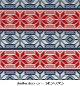 Traditional Christmas Knitted Pattern with Snowflakes. Wool Knitting Seamless Sweater Design