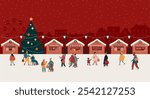 Traditional Christmas market. Xmas fair. Family, people, buying treats, having fun, shopping, drinking and eating. European city panorama. Flat vector illustration