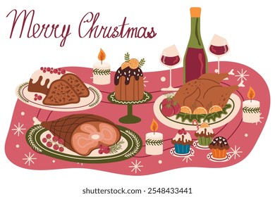 Traditional Christmas meal with roast chicken or turkey, stollen, pudding and red wine. Vector set of festive dishes on tablecloth