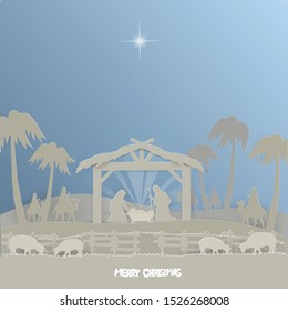 Traditional Christmas Nativity Scene of baby Jesus in winter background, Merry Christmas concept .Paper art  illustration and vector style