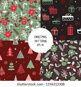 Traditionelle Weihnachts- und Neujahrsmuster in grünen, roten und weißen Farben mit Blumen, Beeren, Holly, Mistel, Weihnachtsbäumen und Blumen im Doodle-Stil.