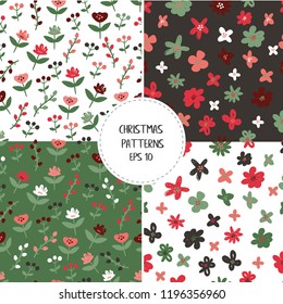 Traditional Christmas and New Year patterns set in green, red and white colours with florals, berries, holly, mistletoe, christmas trees and flowers in doodle style.