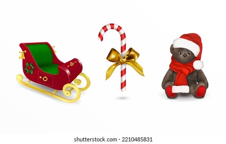 Traditional Christmas New Year set. Realistic 3D santa claus golden sleigh, candy cane with baw, cute children's toy teddy bear. Editable isometric vector illustration