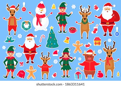 Traditional Christmas and New Year's cartoon characters and objects for creating invitations, cards, posters for celebration. Big set of stickers