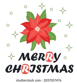 Traditional Christmas poinsettia flower with green leaves and red petals. Cute winter poster, Christmas card, banner, sticker, gift tag. Christmas flower