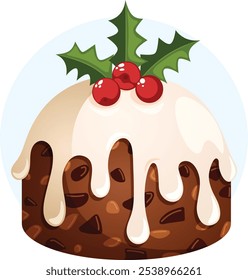 Traditional Christmas Pudding with Brandy Sauce and Holly on Top. Authentic British Celebratory Dried-Fruit Dessert 