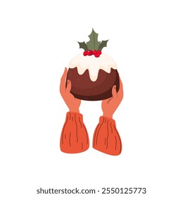Traditional Christmas pudding in hands. New Year's homemade baking. Vector illustration.