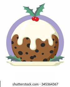 Traditional Christmas Pudding With Holly On Plate - Cartoon