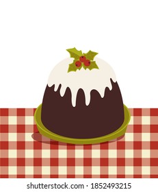 Traditional Christmas Pudding vector icon. Winter season holiday plum pudding, brandy butter, holly sprig ornament cartoon, checkered tablecloth background. Christmas decoration template illustration