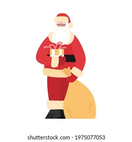 Traditional Christmas Santa Claus cartoon character holding sack of presents, flat vector illustration isolated on white background. Santa preparing Christmas gifts.