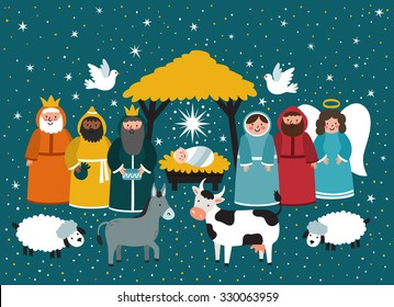 Traditional Christmas scene. Vector background with nativity scene. Baby jesus born in bethlehem.