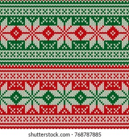 Traditional Christmas Seamless Knitted Pattern with Snowflakes. Christmas and New Year Design Background. Knitting Sweater Design