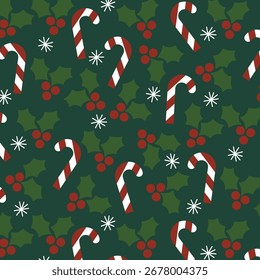 Traditional Christmas Seamless Pattern with Candy Canes, Holly Leaves and Snowflakes