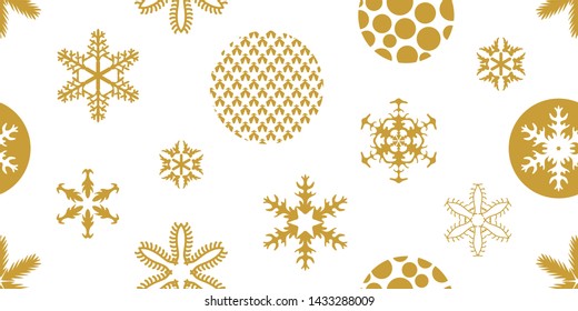 Traditional Christmas seamless pattern with geometric motifs. Snowflakes and circles with different ornaments. Retro design collection. Golden elements on white background.